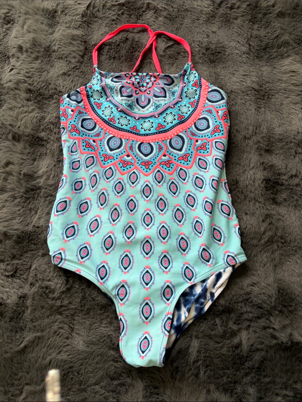 Girls' Blue Mosaic One-Piece Swimsuit with Pink Trim